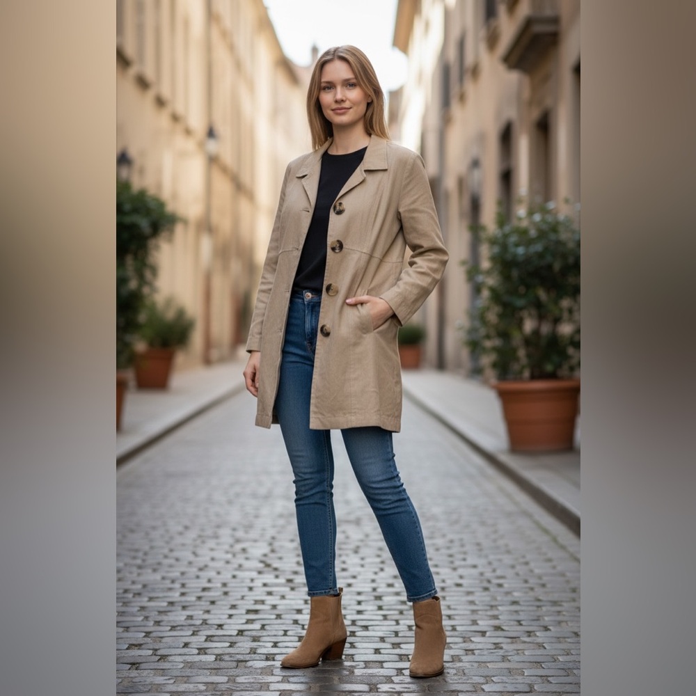 TALIE Tan Button Front Jacket, Pockets, Linen blend, Large